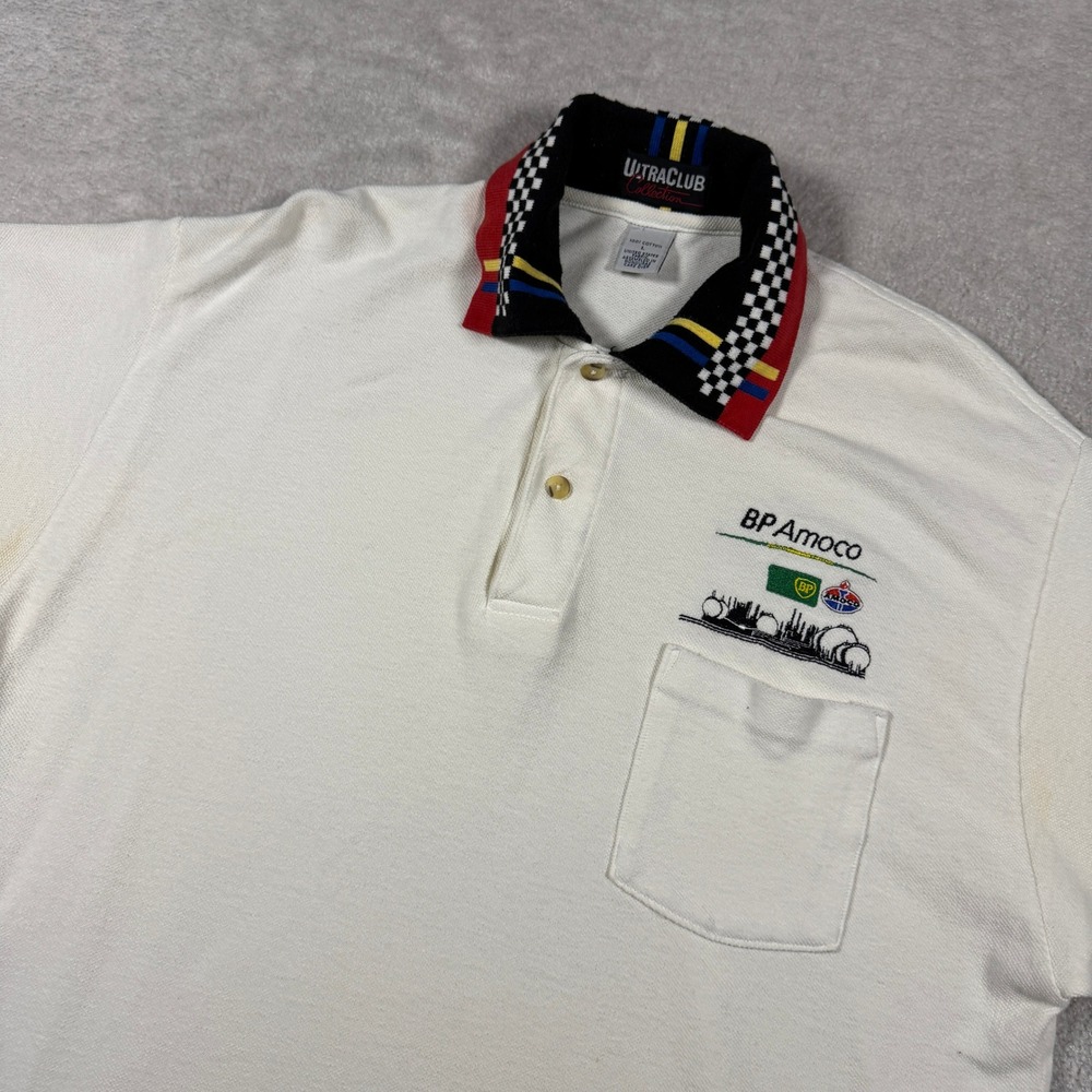 UltraClub Polo Shirt Men L White BP Amoco Racing Checkered Collar Pocket Vintage